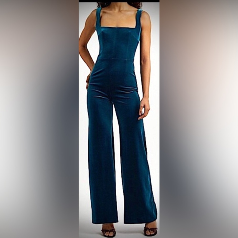 Galvan London Vesper Jumpsuit Velvet Flare Legs in Lagoon Teal Blue Size 2 NWT
